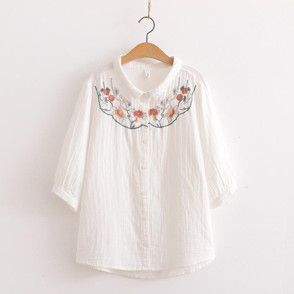 Women's Floral Embroidery Soft Seven Sleeve Shirt
