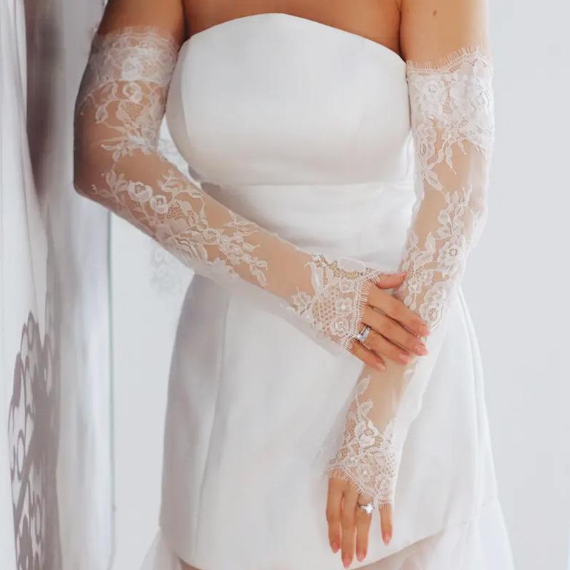 Removable Lace Long Bridal Gloves Hollow Out Transparent White Wedding Women Mesh Decoration Arm Sleeves