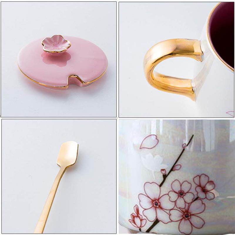 Cherry Blossom Ceramic Mugs With Lid Gold Spoon Porcelain Coffee Milk Cups Breakfast Drinkware for Women Lovers Friends G