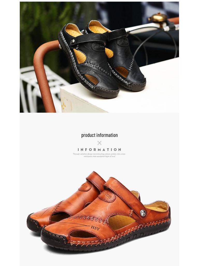 Мужские кожаные пляжные сандалии большого размера — модная летняя обувь с декоративными швами, идеально подходящая для повседневной носки на пляже или в городе.