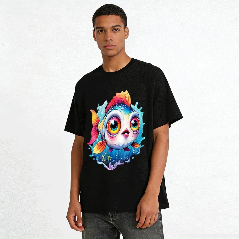Милая разноцветная футболка унисекс с принтом рыбок с большими глазами. Хлопковая футболка