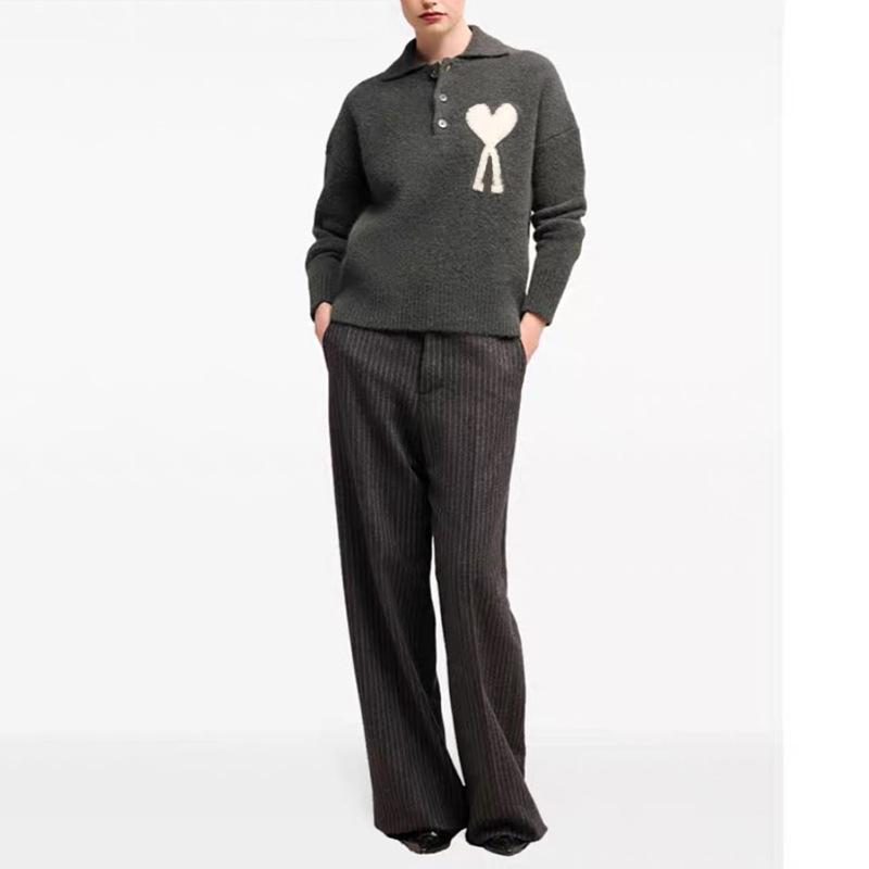 Unisex Big Heart Jacquard Knit Polo Sweater - Soft, Loose Long Sleeve