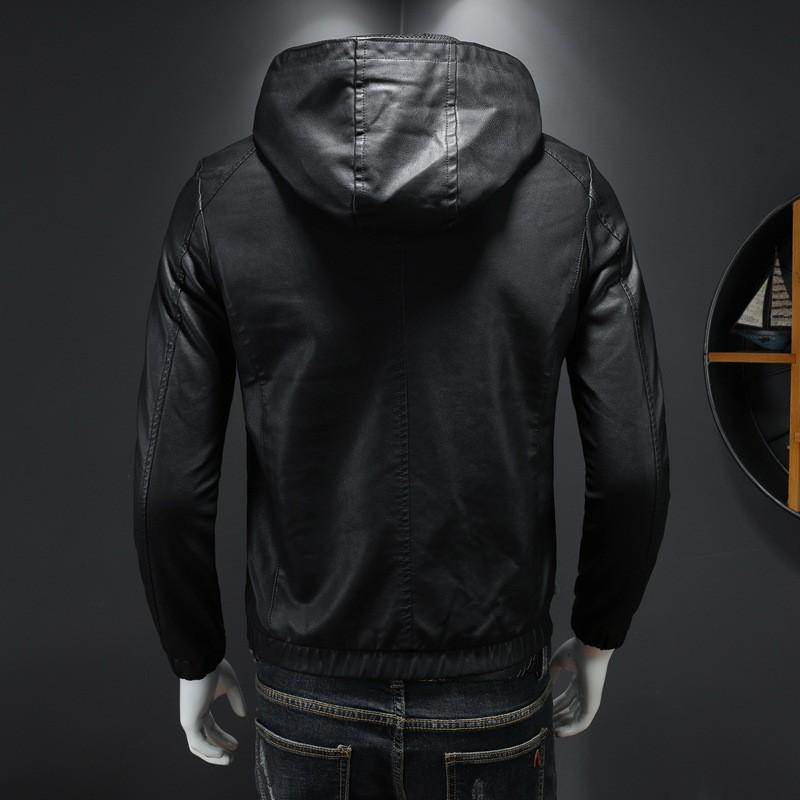 Mens Black PU Leather Hooded Jacket Slim Fit Casual Biker Style Winter Outerwear