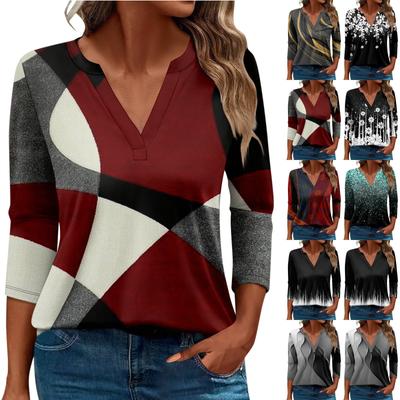 Женская футболка Футболка с принтом Рукав 3/4 Повседневные Выходные Мода Базовый V-образный вырез Обычный топ