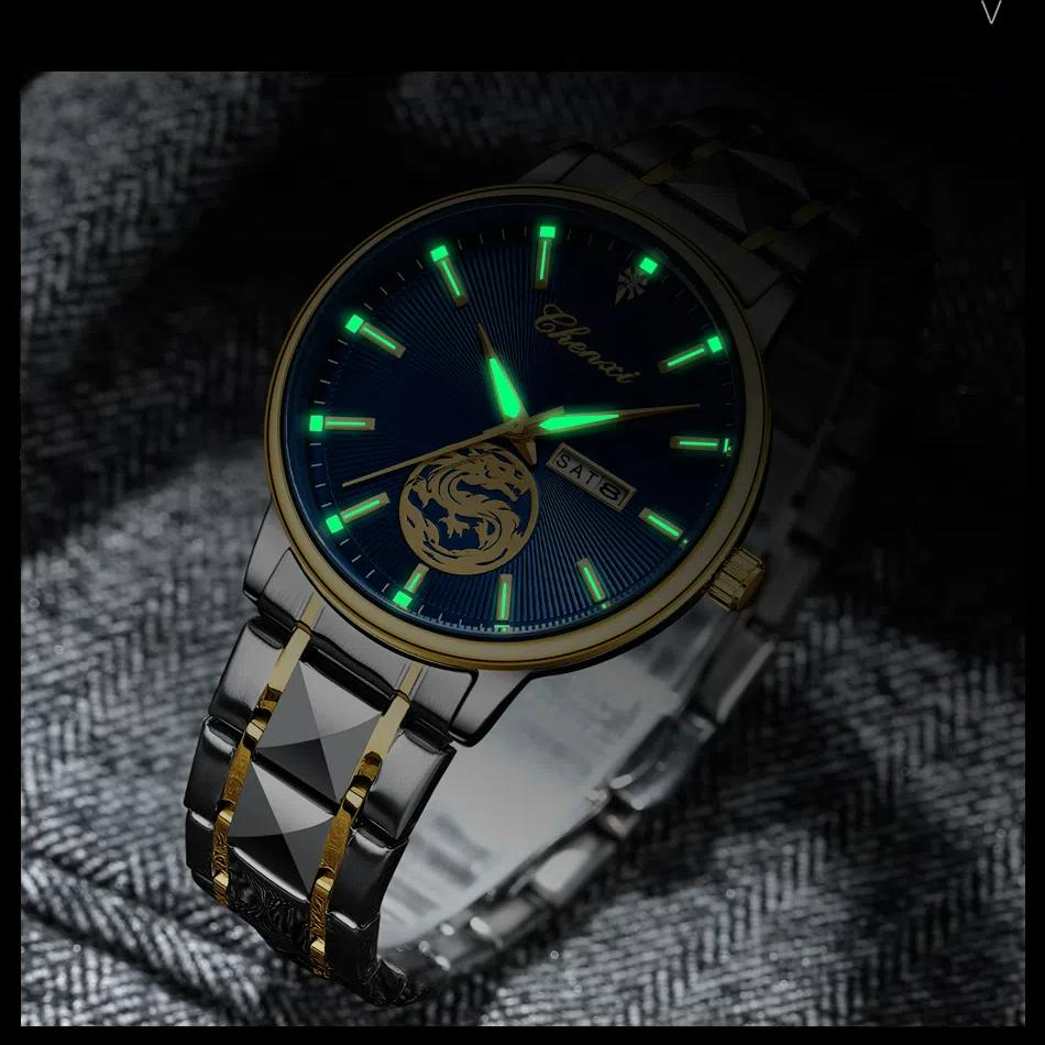 Chenxi Luxury Watch Men Golden Dragon Pattern Stainless Steel Fashion Quartz Wristwatches Curved Mirror Watches For Men Business