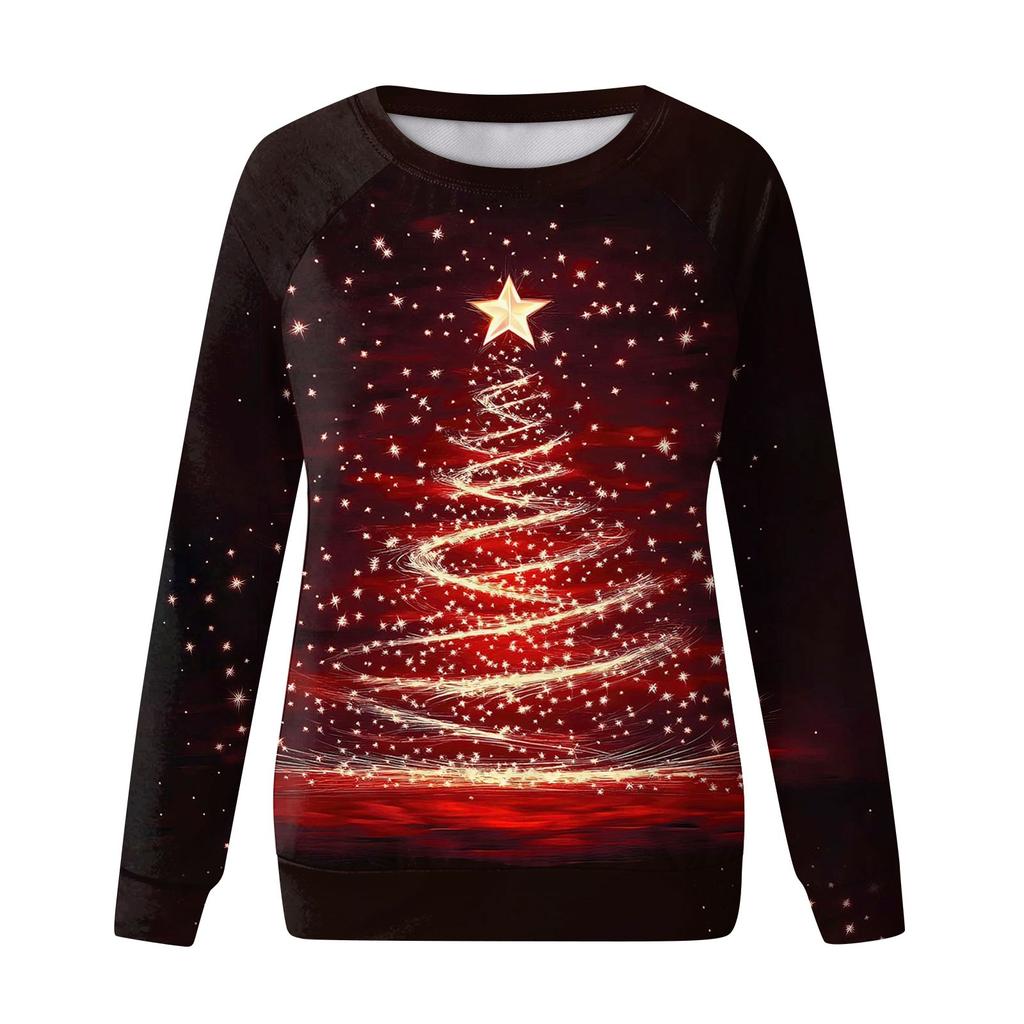 Женский повседневный модный рождественский принт с длинным рукавом и круглым вырезом, пуловер, топ