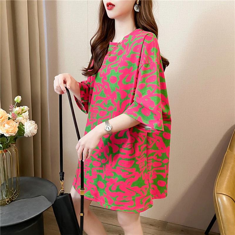 Летняя винтажная футболка с принтом Мода Женская Оверсайз Графические Длинные Футболки Y2k Топы Харадзюку хип-хоп Уличная одежда молодежная