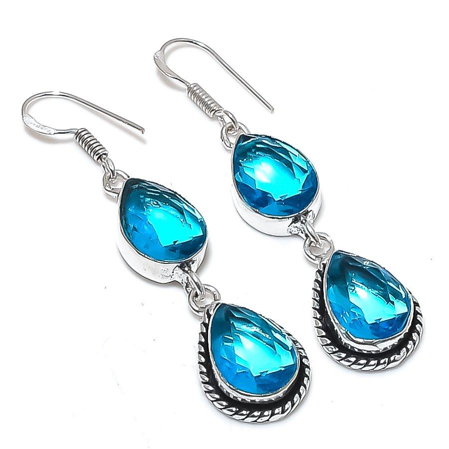 Natural Swiss Blue Topaz Gemstone 925 Sterling Silver Jewelry Earring 2.32" a3U00