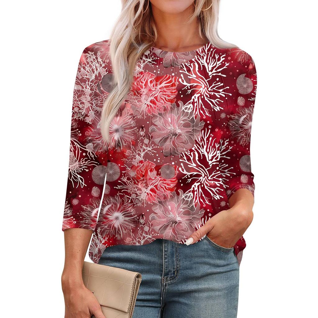 Женская модная повседневная футболка с круглым вырезом и рукавом семь четвертей в стиле ретро с принтом, плиссированная футболка