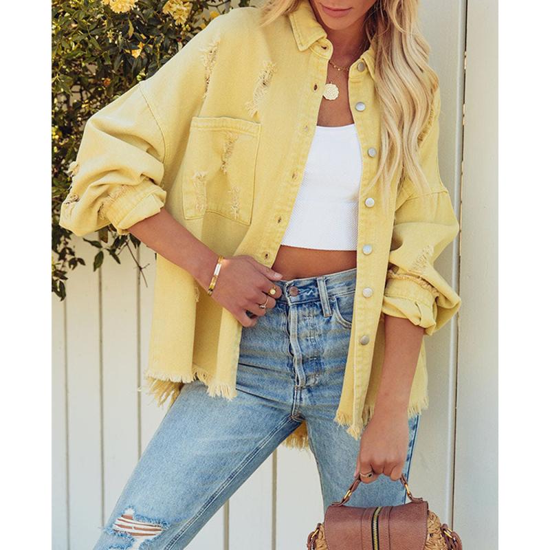 Женская джинсовая куртка с рваным отложным воротником, топы с длинными рукавами и карманами, однобортное пальто с кисточками, свободная верхняя одежда