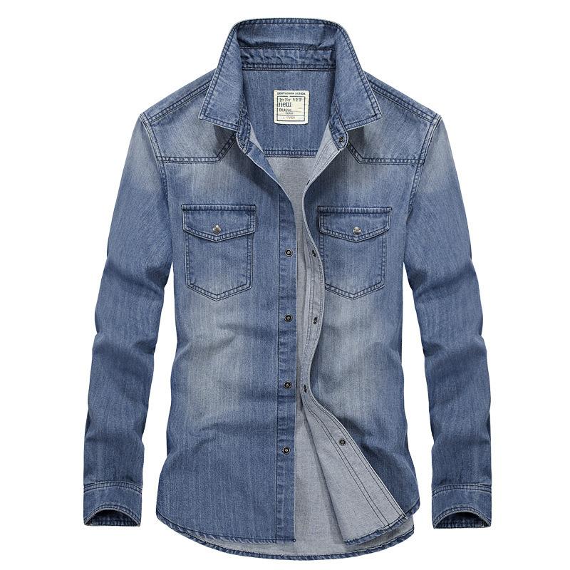 Осенняя мужская джинсовая рубашка с эффектом стирки, с длинным рукавом, в стиле ретро, рабочая