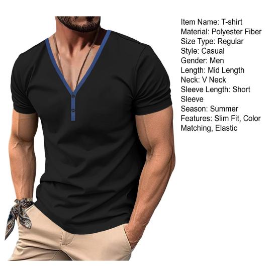 Men Summer T-shirt Short Sleeves Buttoned V Neck Contrasting Color Slim Fit Casual Pullover Mid Length Top for Outdoor Sport