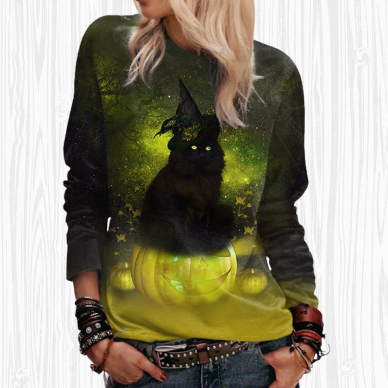 Женские осенние топы, свободная футболка с крутым котом и принтом кота, повседневная футболка с длинными рукавами, топ, блузка