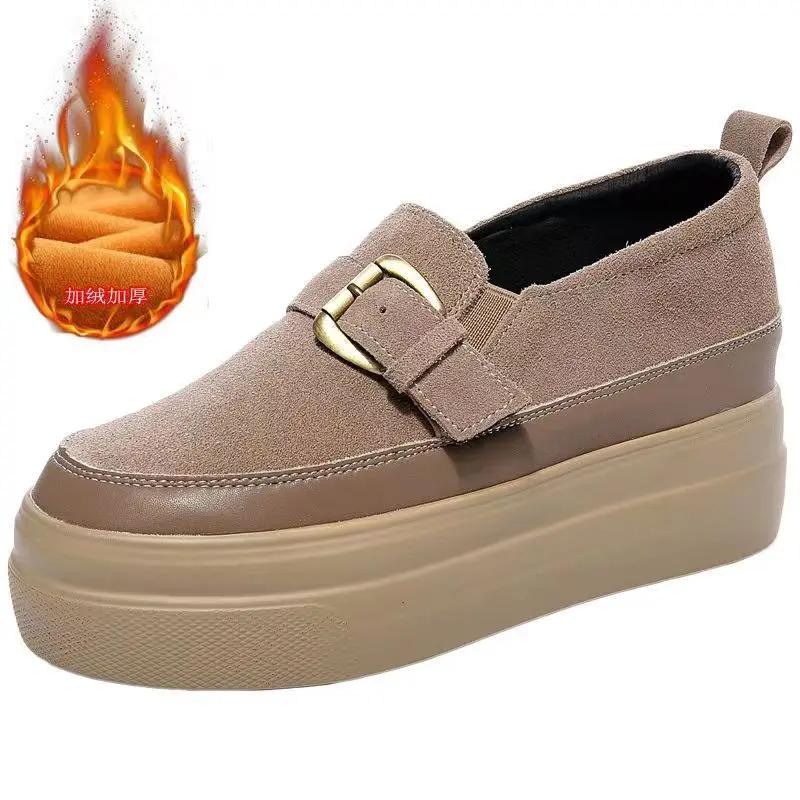 Туфли на толстой подошве женские весенние новые из натуральной кожи универсальные черные повседневные высокие женские туфли на платформе кроссовки высокие (5-8 см