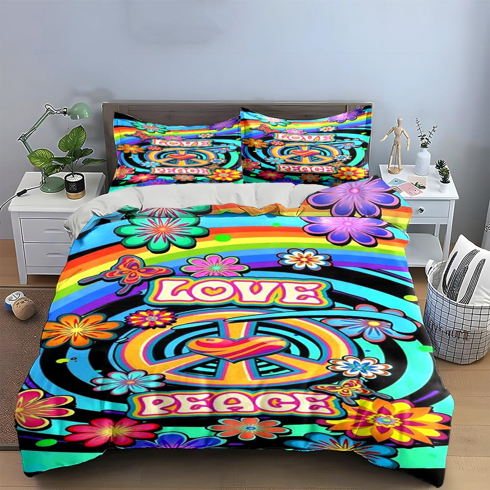 Colorful "Love & Peace" Hippie Design Bedding Set (1 duvet cover, 2 pillowcases, duvet not included) sofas