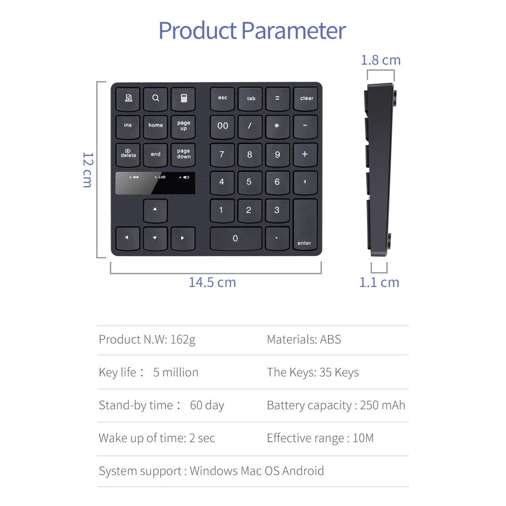 Skyeen Mini Numeric Keypad, 35-Key 2.4G Wireless Ultra-Slim Portable Keyboard with Screen Display, Indicator Lights, Built-in Rechargeable Battery,