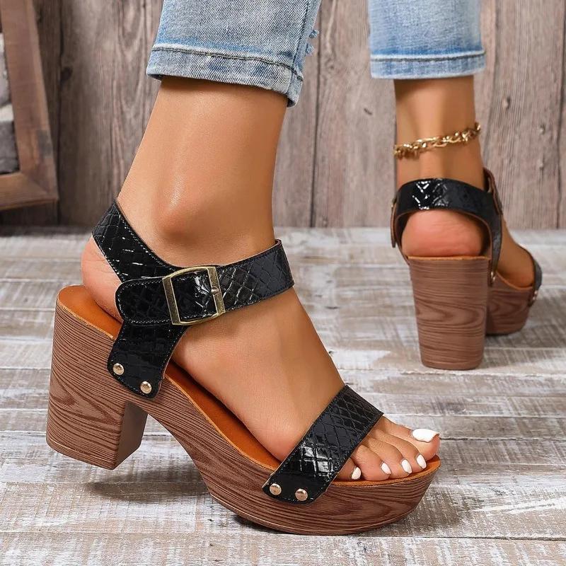 Women's Shoes  Summer Solid Color Open Toe Women's Sandals Fashion Large Size One-Line Buckle Strap High Heel Sandals