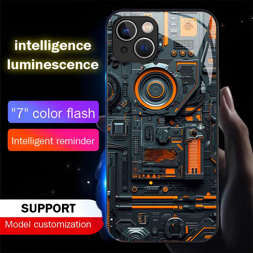 Luxury Blue Chip Pattern Luminous Glass LED Call Light Up Flash Phone Case Cover For iPhone Air 17 16 E 15 14 13 12 Pro Max Plus