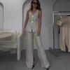 Women's Beige Sleeveless Blazer Suit Set with Gold Buttons and High Slit Pants