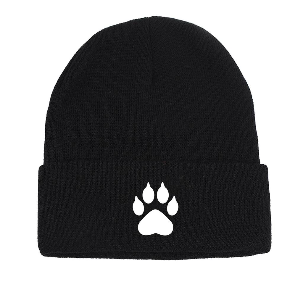 White Cat Paw Print Print Knitted Cap Beanie, Man Cap Stretchy Winter Simple Bobble Hat Knit Hat Beanie