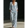 New plant branch and leaf print V-neck diagonal shirt wide-leg pants women's casual two-piece set