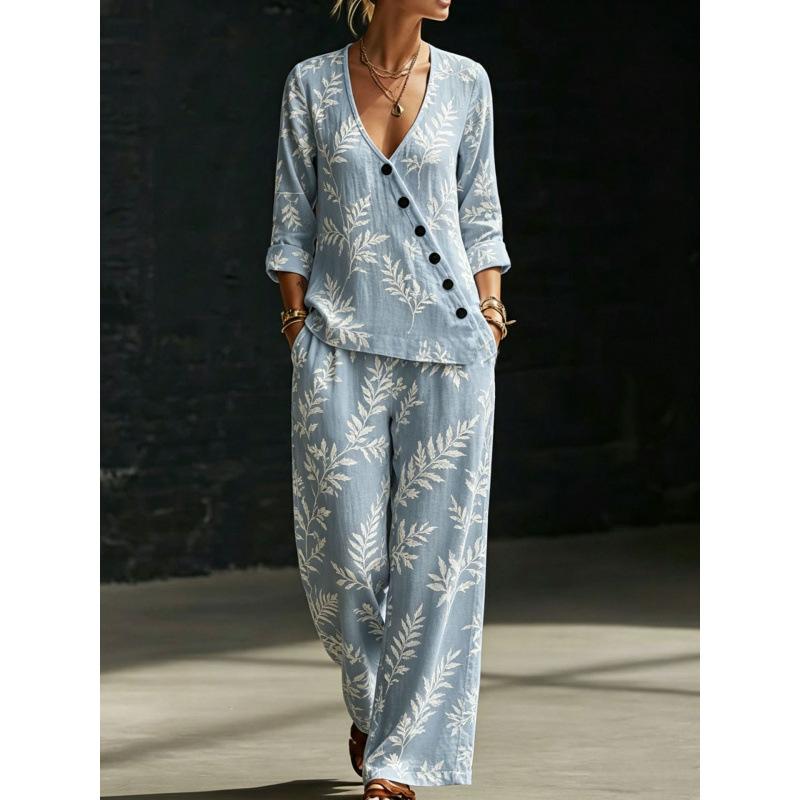 New plant branch and leaf print V-neck diagonal shirt wide-leg pants women's casual two-piece set