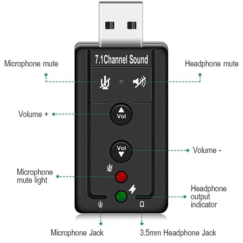 Звуковая карта 7.1, 3D-стерео USB-аудиоадаптер для внешней звуковой карты ноутбука 3,5 мм