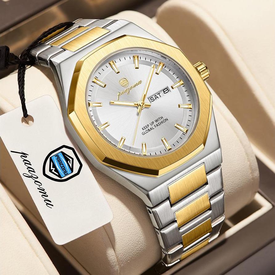 Mens Luxury Watches Octagonal Stainless Steel Analog Quartz Watch with Day Date, Waterproof Luminous Casual Watch
