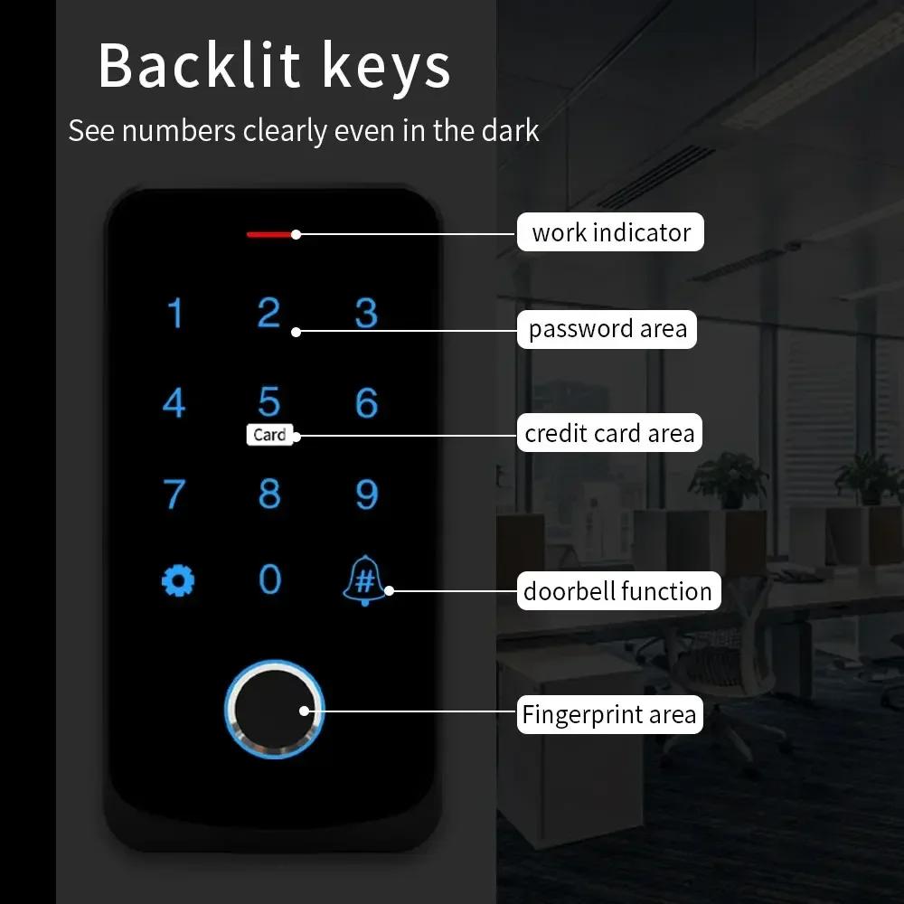 Tuya Bluetooth Клавиатура контроля доступа с подсветкой и сенсорным управлением IP65 Водонепроницаемая RFID 13,56 МГц Клавиатура Биометрический сканер отпечатков пальцев Открыватель двери