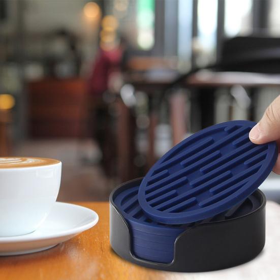 6Pcs Silicone Coasters Set with Holder Non-Slip Cup Mat Drinks Desk Home Decor Tabletop Protection Round Hot Cold Drink Coasters for Wood Glass