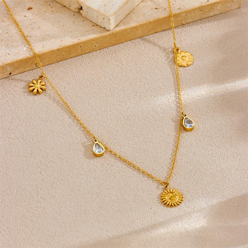 DIEYURO 316L Stainless Steel Golden Zircon Sun Flower Shell Pendant Necklace Lady New Fashion Neck Chain Jewelry Party Gift