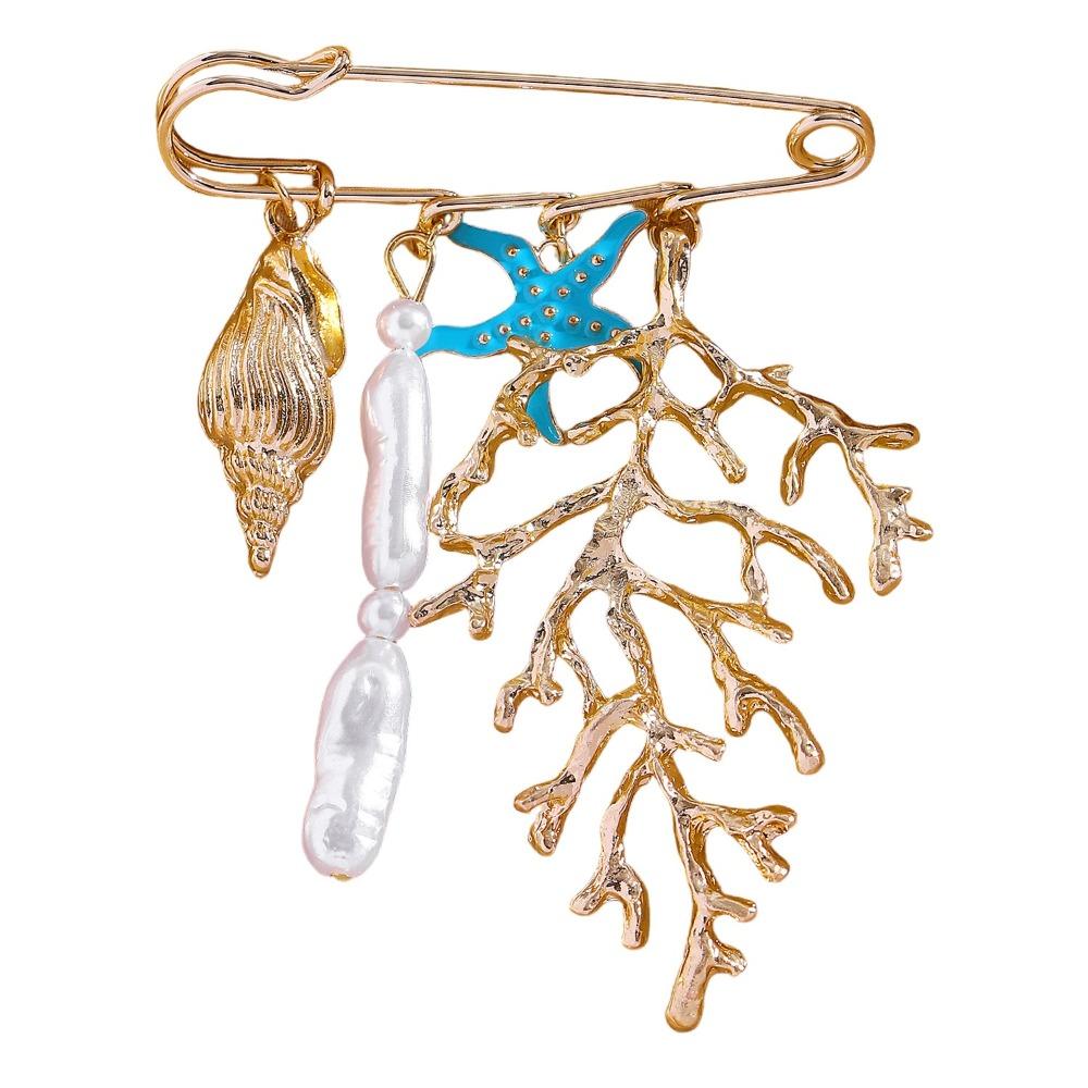 Bead Embellished Imitation Pearl Brooch Gold Color Conch Brooch Accessory  Gift Giving