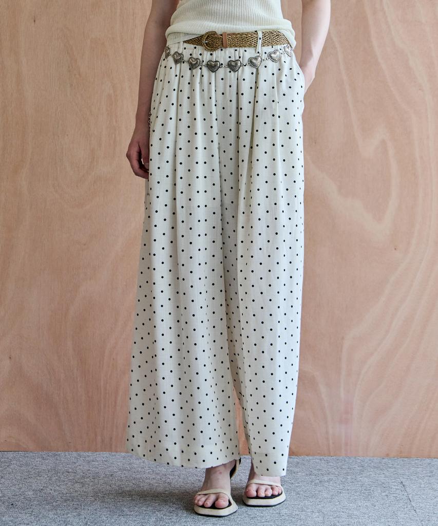 MAXZA Dot Linen Blend Wide Elastic Pants (Belt Set)