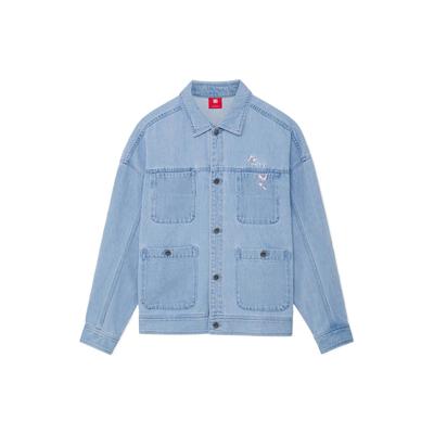 Li Ning SS22 Cherry Blossom Series однотонная джинсовая куртка с несколькими карманами и отложным воротником, куртка унисекс, светло-голубая AJDS841-2