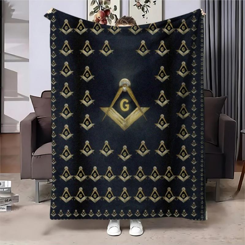 Vintage Golden Masonic Pattern Fleece Blanket Classic Freemason Sign Cozy Cover Living Room Office Rest Camping All Season Use