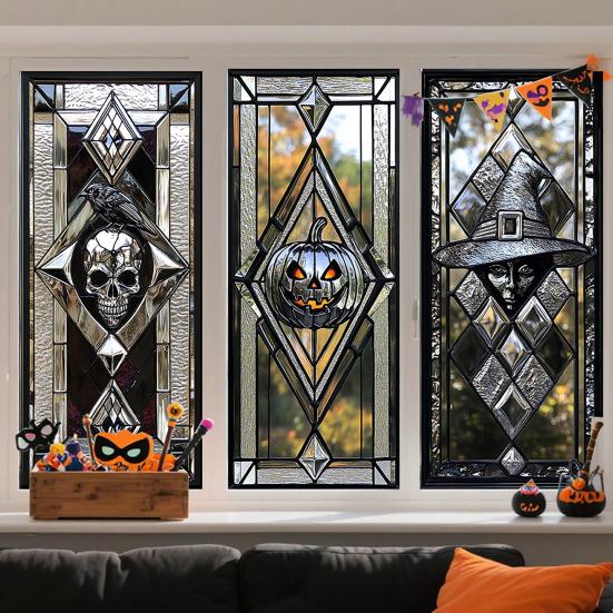 Хэллоуин Наклейка на окно Водонепроницаемый ПВХ Череп Паук Тыква Ведьма Мрачный Жнец Статическая наклейка на стекло Украшение для дома, офиса, вечеринки Декаль
