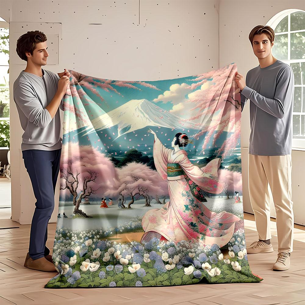Cherry Blossom Geisha Scene print blanket soft and cozy perfect for the living room bed sofa or a nap,gift