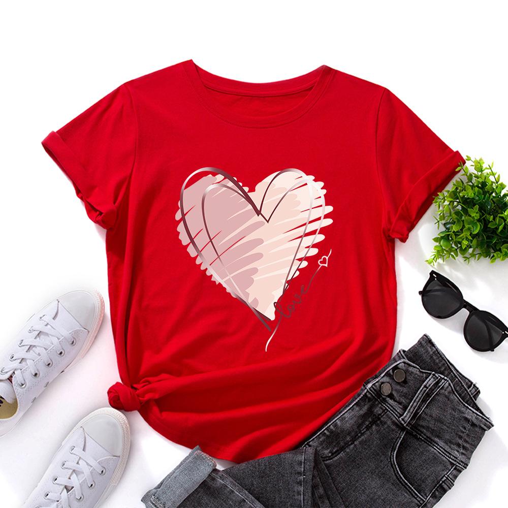 Модная хлопковая футболка с сердцем, с коротким рукавом, с круглым вырезом, женская, с 2D-принтом, топы