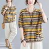 Cotton and Linen Women's Striped Short-sleeved T-shirt Women's V-neck Loose Middle-aged Mother Summer Dress Large Size Cover Belly Cotton Blouse Women