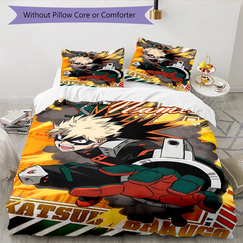 3 шт. Постельное белье с индивидуальным именем My Hero Academia, Застежка на пододеяльнике, Включает 1 пододеяльник и 2 наволочки, Мягкое и удобное для всех сезонов.