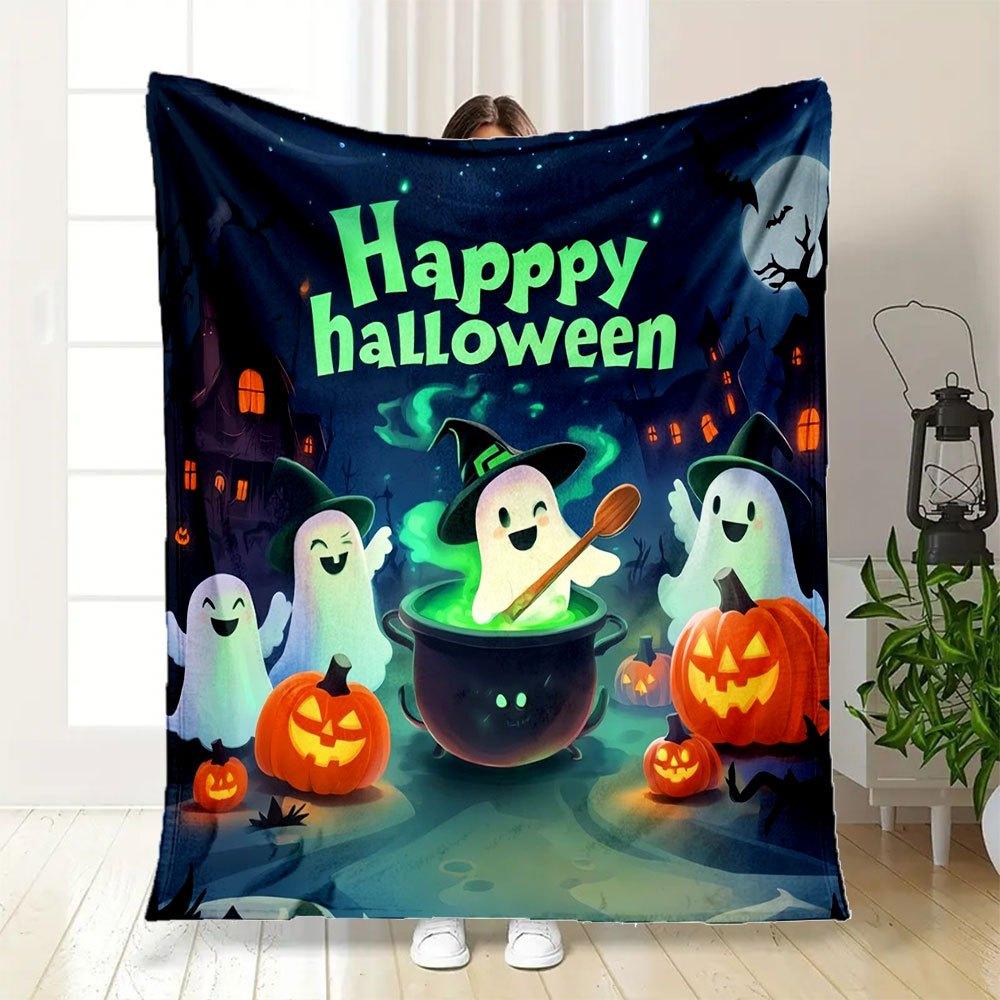 Halloween Ghosts and Pumpkins Cauldron Scene Kids PosterBlanket Flannel Throw Blanket for Sofa, Bed, Travel, Camping, Office