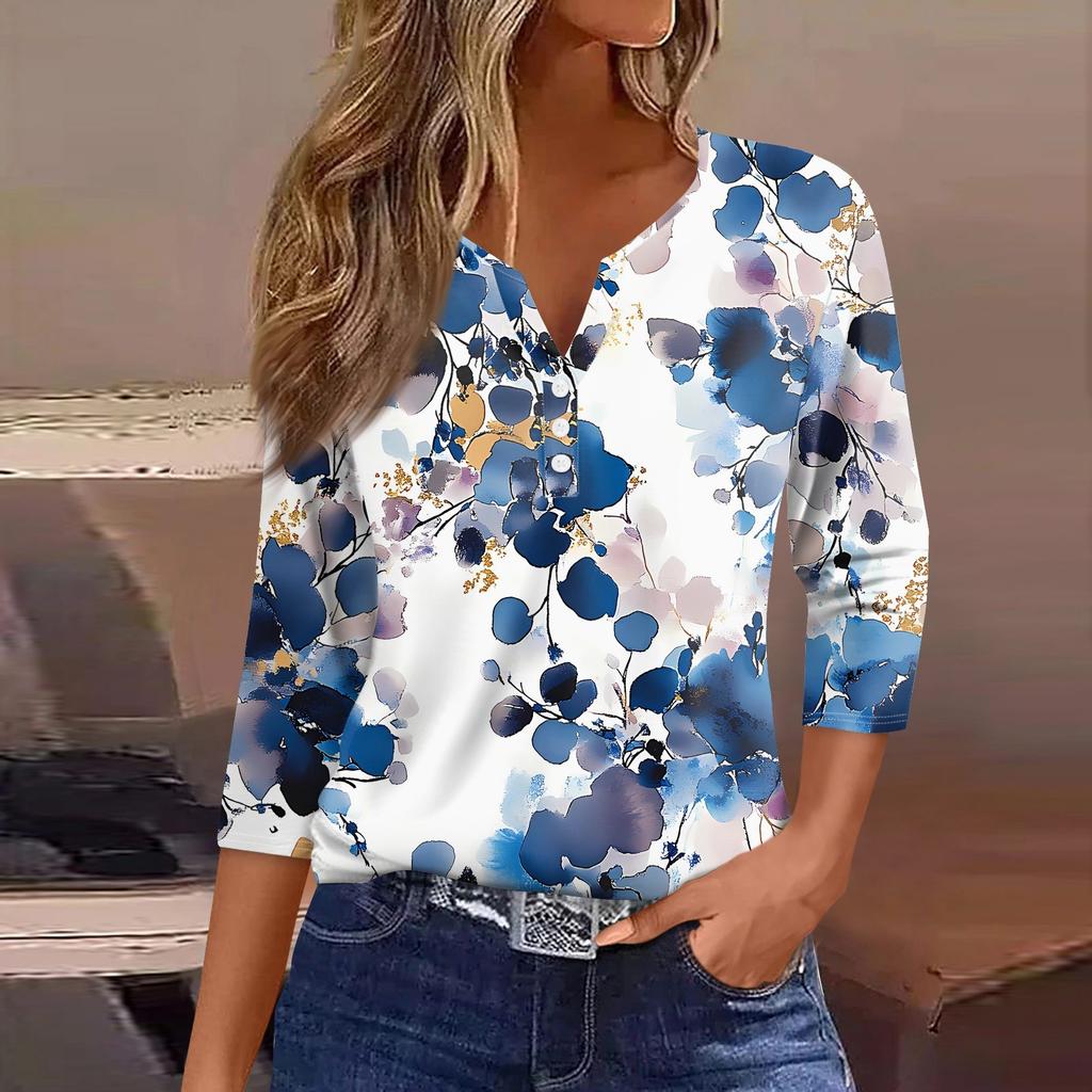 Жен. Футболка С принтом Пуговицы Рукав 3/4 Повседневные Выходные Мода Классический Классический V-образный вырез Обычный Верх