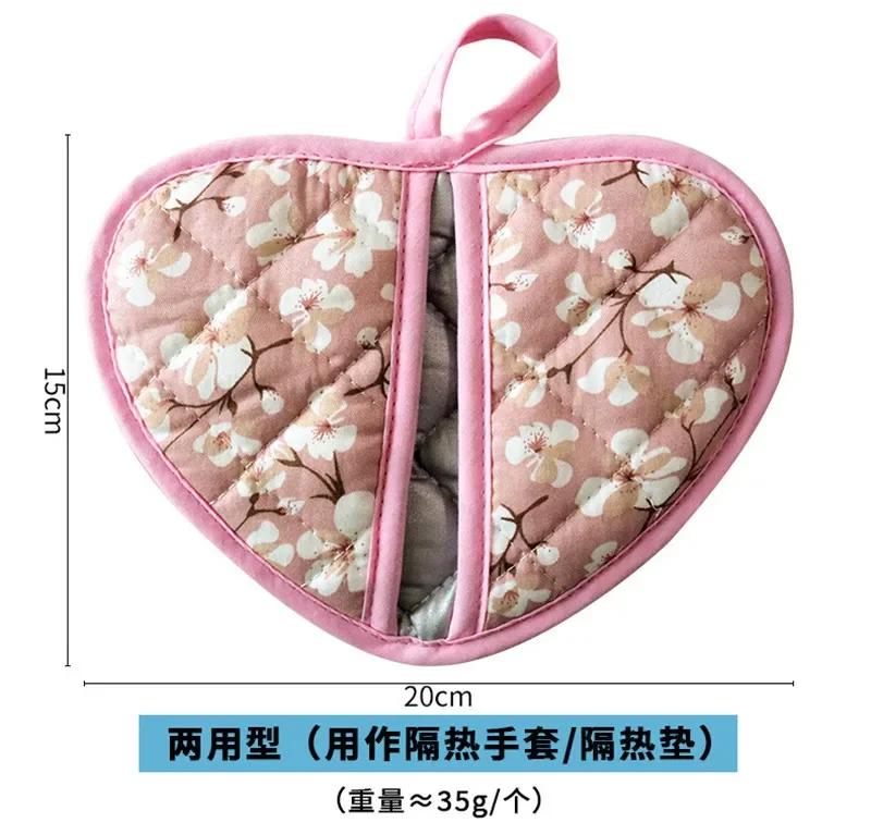 Цветочные хлопковые пекарские перчатки с принтом для духовки, для домашнего использования, кухонные, термостойкие, ручной зажим в форме сердца, теплоизоляционная подставка