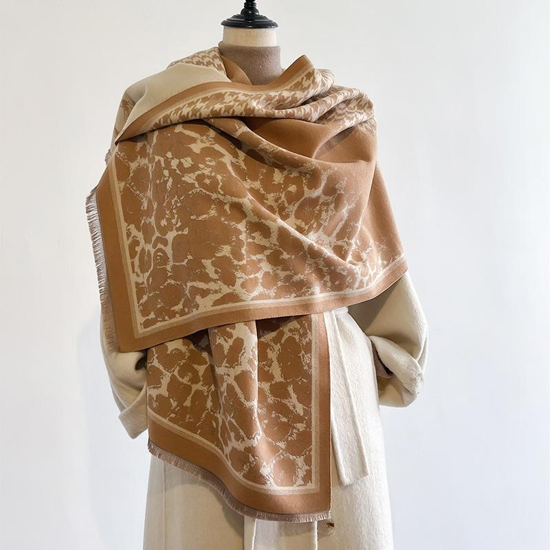 Thousand Bird Grid Stitching Leopard Print Commuting Fashion Elegant Beautiful Imitation Cashmere Thermal Scarf Shawl Cape Women