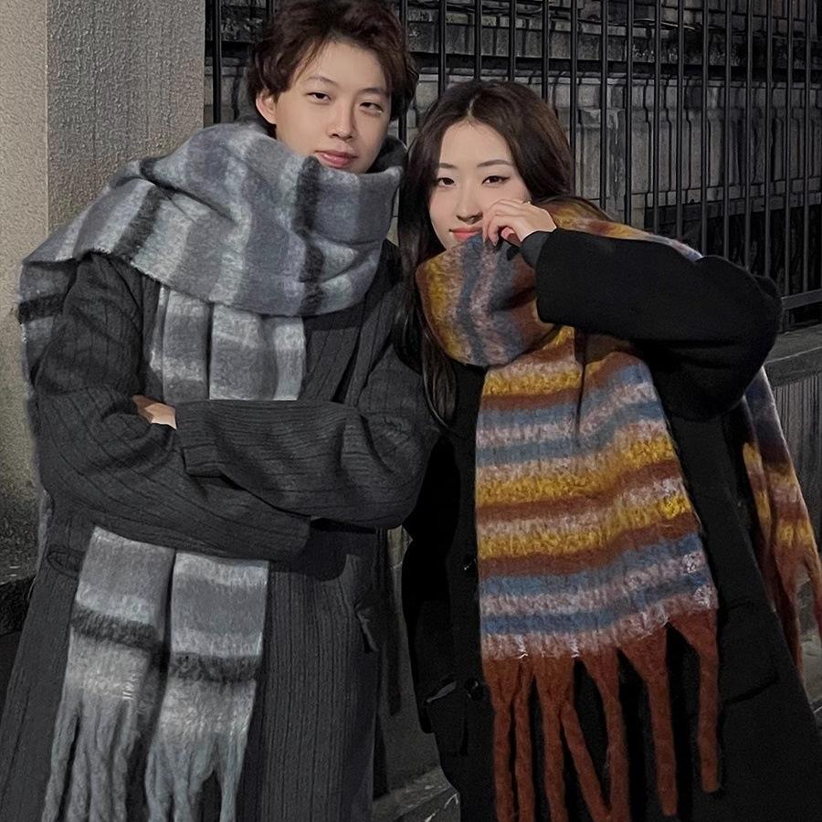 New Autumn And Winter Rainbow Mohair Plaid Scarf For Warmth, Versatility, Luxury, Elongated And Thickened Scarf, Shawl For Trendy Women