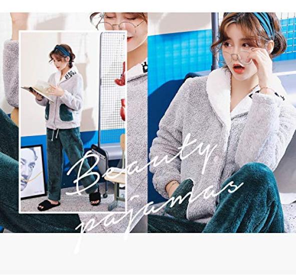 YANIKO Fluffy Loungewear Cardigan Set for Women's Fall/Winter (Green, XL)