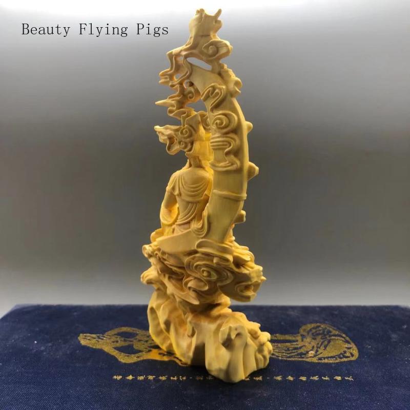 7.3X4.8X16.5CM Креативный скальный кипарис в китайском стиле, самшит, изящно вырезанные украшения Гуаньинь, домашние подношения, статуи, изделия ручной работы