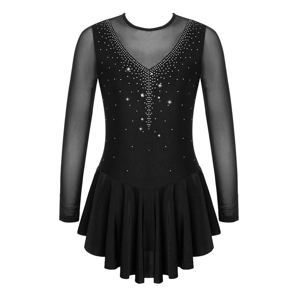 Детское стильное платье для катания на коньках для девочек с длинным рукавом и V-образным вырезом, стразами, лоскутным шитьем, открытой спиной, танцевальная одежда