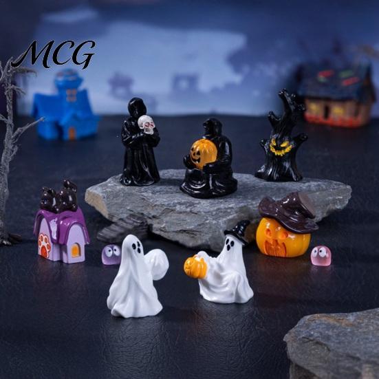 Small Halloween Collectible 3Pcs Mini Resin Figurines, Miniature Pumpkin Ghost Grim Reaper Party Decoration Castle Statue for Spooky Fairy Garden,