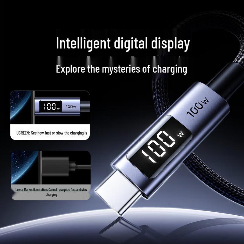 Ugreen Цифровой дисплей USB-C на USB-C Быстрозарядный кабель 100 Вт